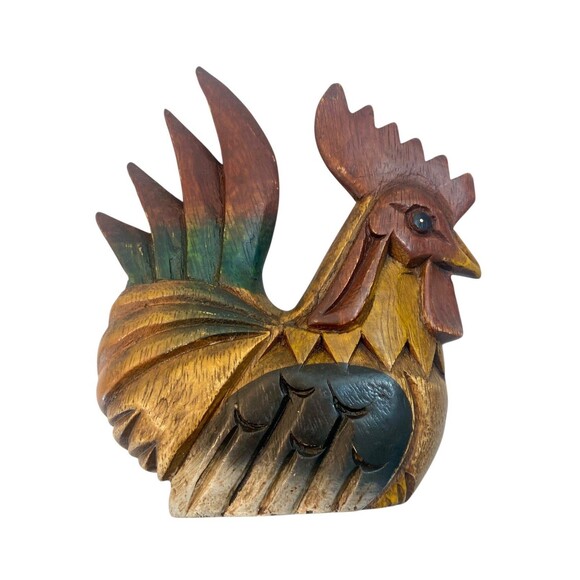 Hand Carved Wooden Rooster Painted Country Farmhouse Folk Art Vintage - Picture 4 of 7